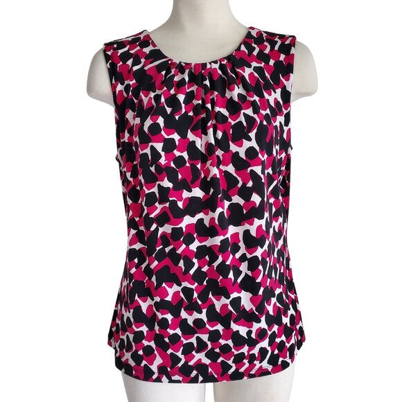 Calvin Klein Geo Print Black Magenta White Pleated Neck Sleeveless Blouse M - Picture 1 of 13